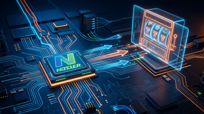 Futuristická vizualizace digitálního fintechu a Neteller transakcí v iGamingu