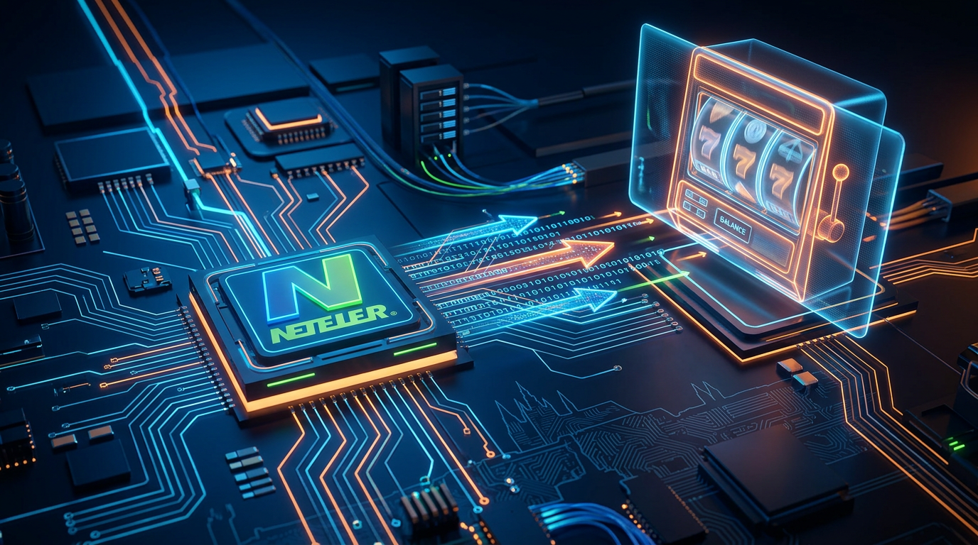 Futuristická vizualizace digitálního fintechu a Neteller transakcí v iGamingu