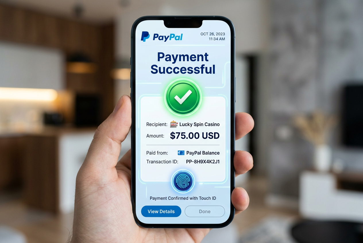 Moderní mobilní aplikace PayPal s potvrzením o úspěšné transakci do kasina
