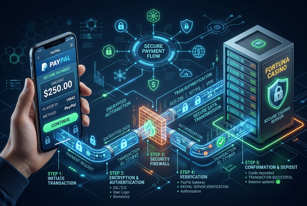 Technický diagram znázorňující bezpečný tok transakcí mezi uživatelem, PayPalem a kasinem